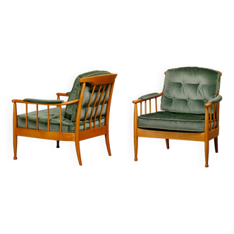Kerstin Hörlin-Homquist Skrindan Armchairs in Beech and Green Velvet, Swede