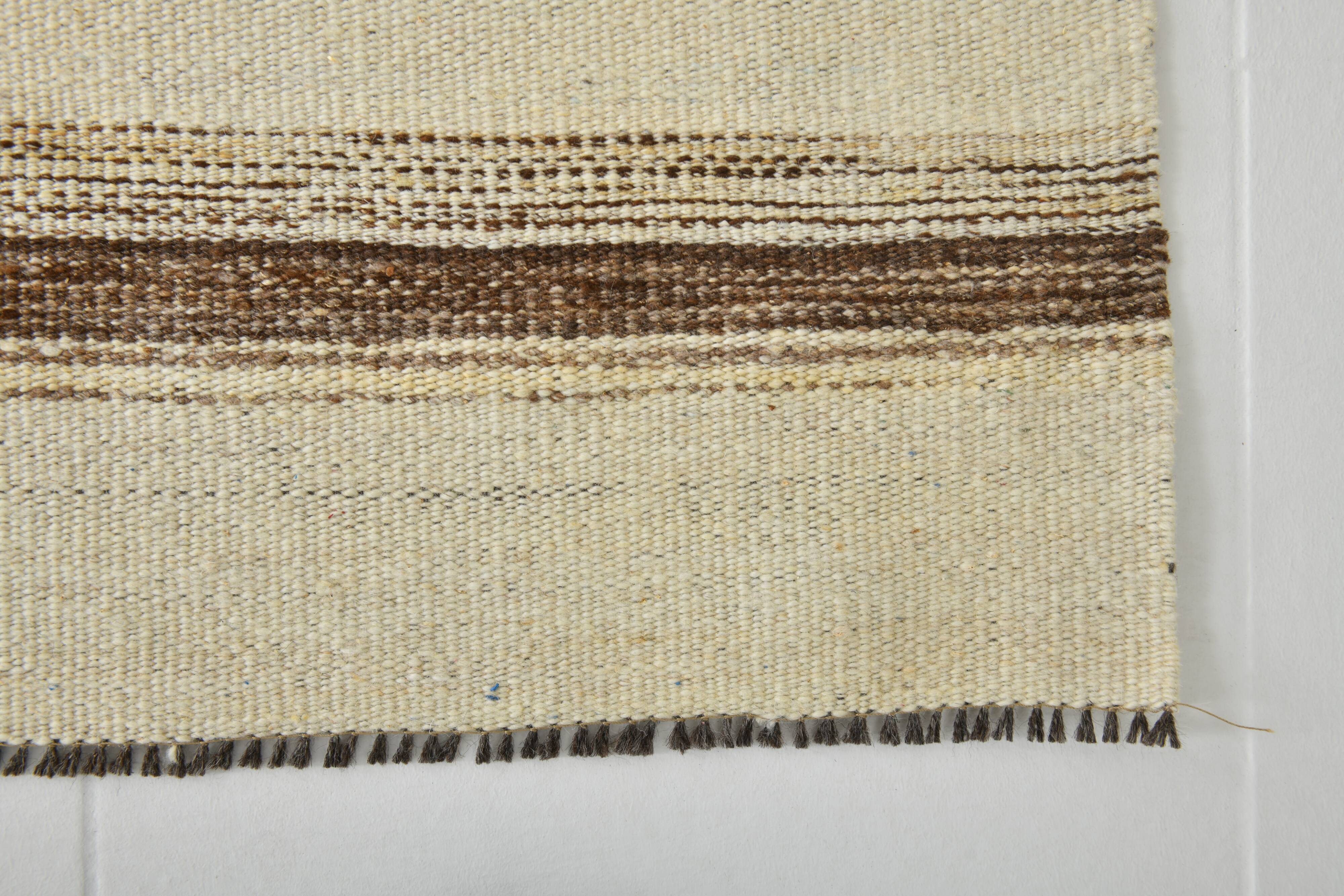 9x11 Cream & Brown Striped Large Kilim Rug, 265x334Cm