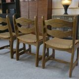 Set of 6 oak dining chairs with rush seat and 'Echelle' backrest in the style of Guillerme et Chambron 1950s