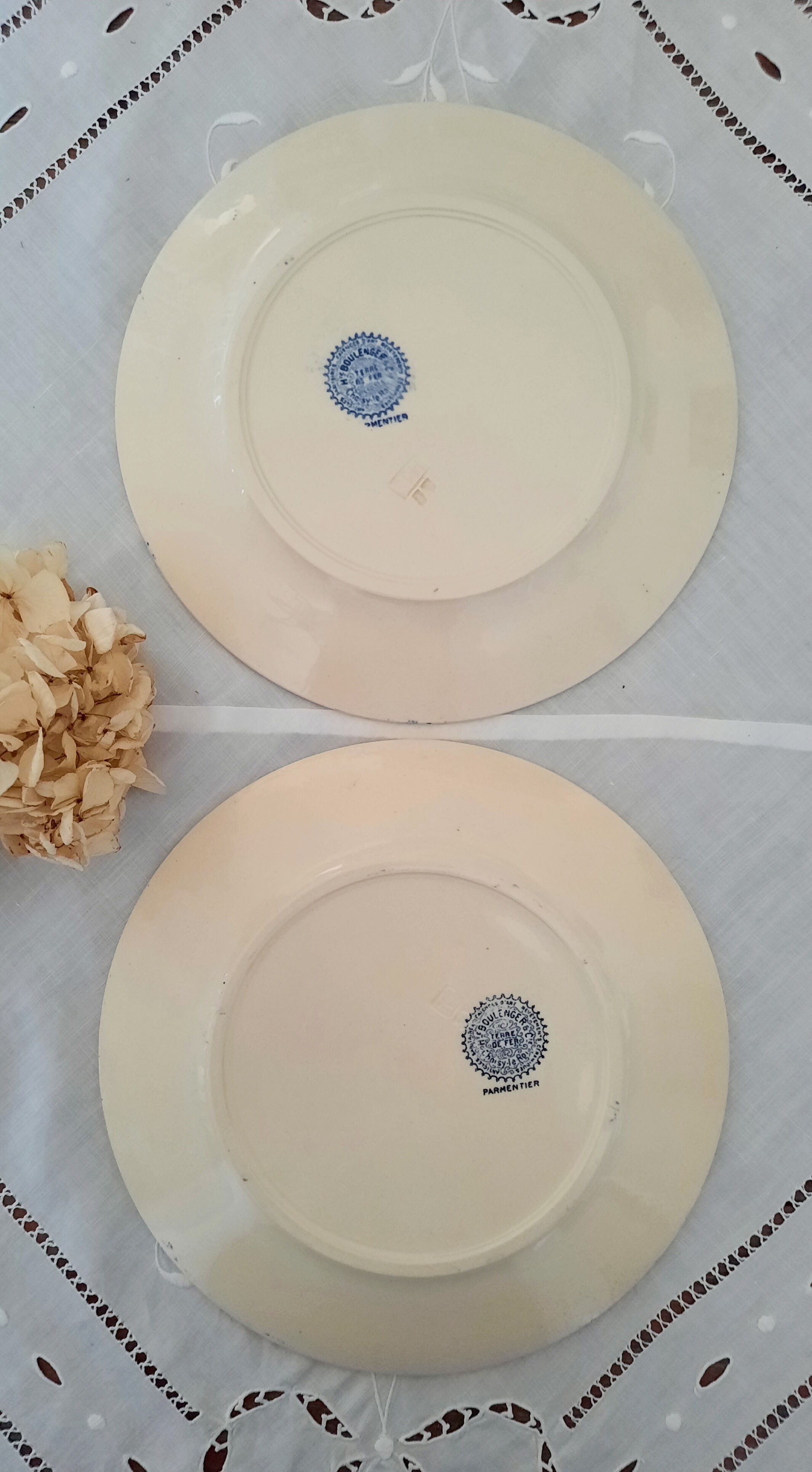 6 old flat plates mismatched iron earth