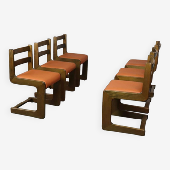 Six Cantilever Chairs by Casala in Leather and Beechwood, 1970s