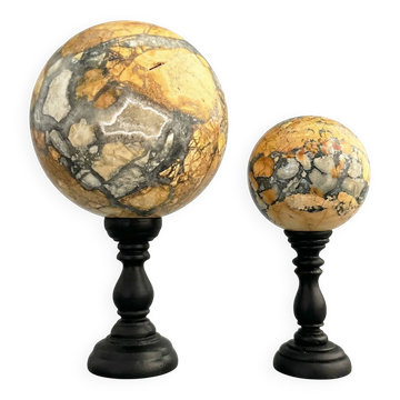 Duo of maligano jasper spheres — mineral sculpture on bases