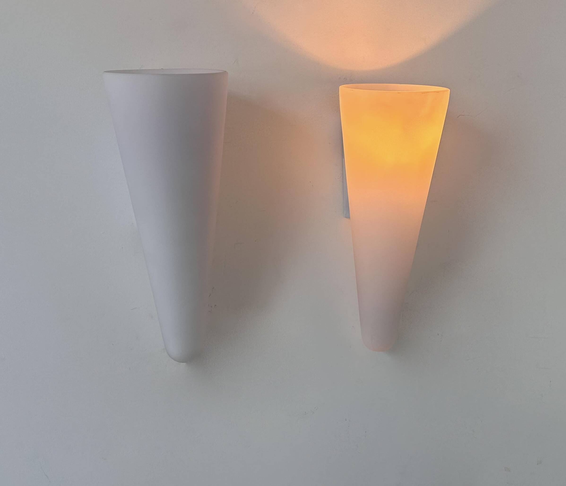 Pair of vintage wall lights, opaline sandblasted glass, France 1970