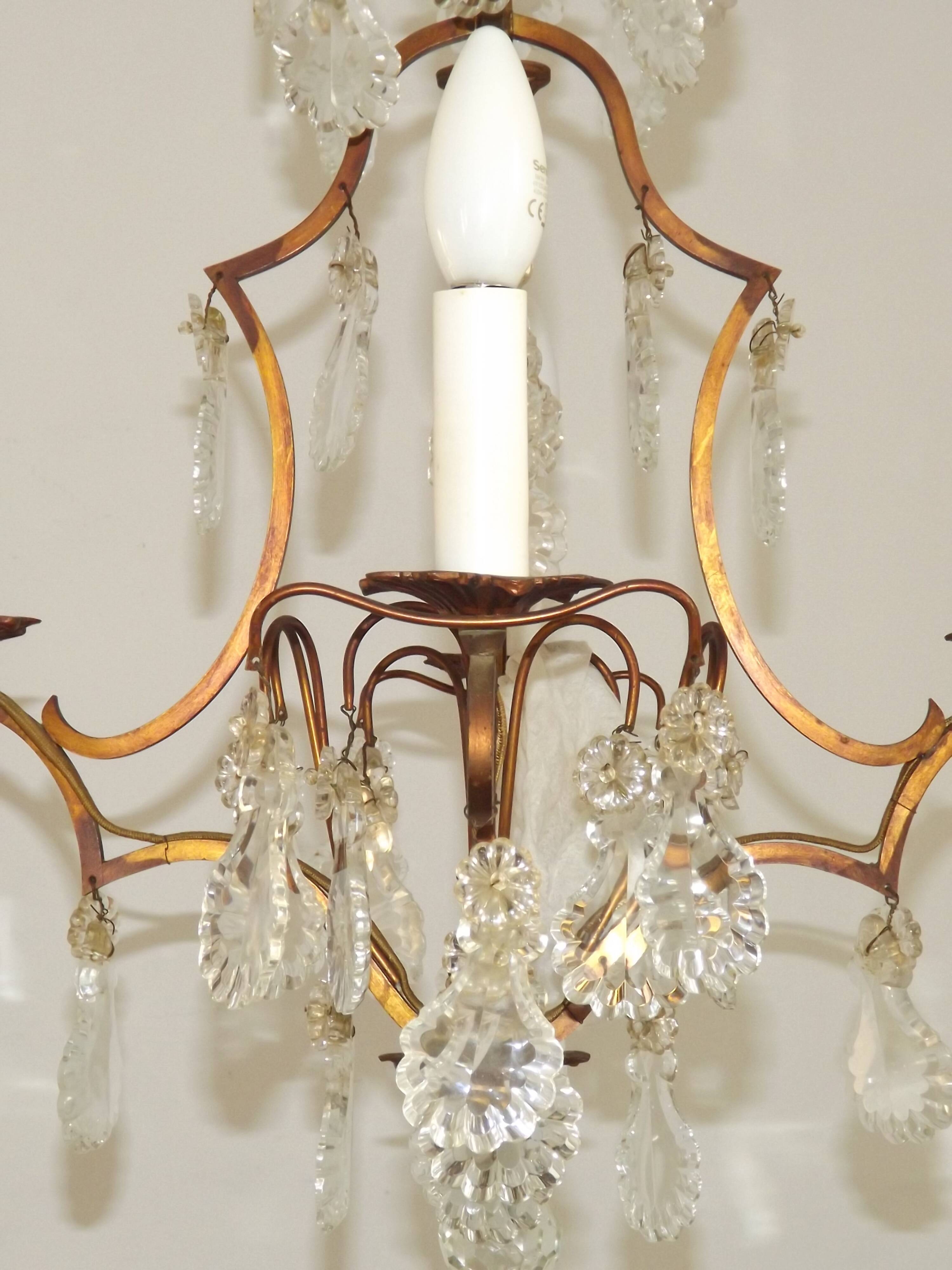 1940s French Vintage Bronze Glass and Crystal 4 Light Chandelier 4679