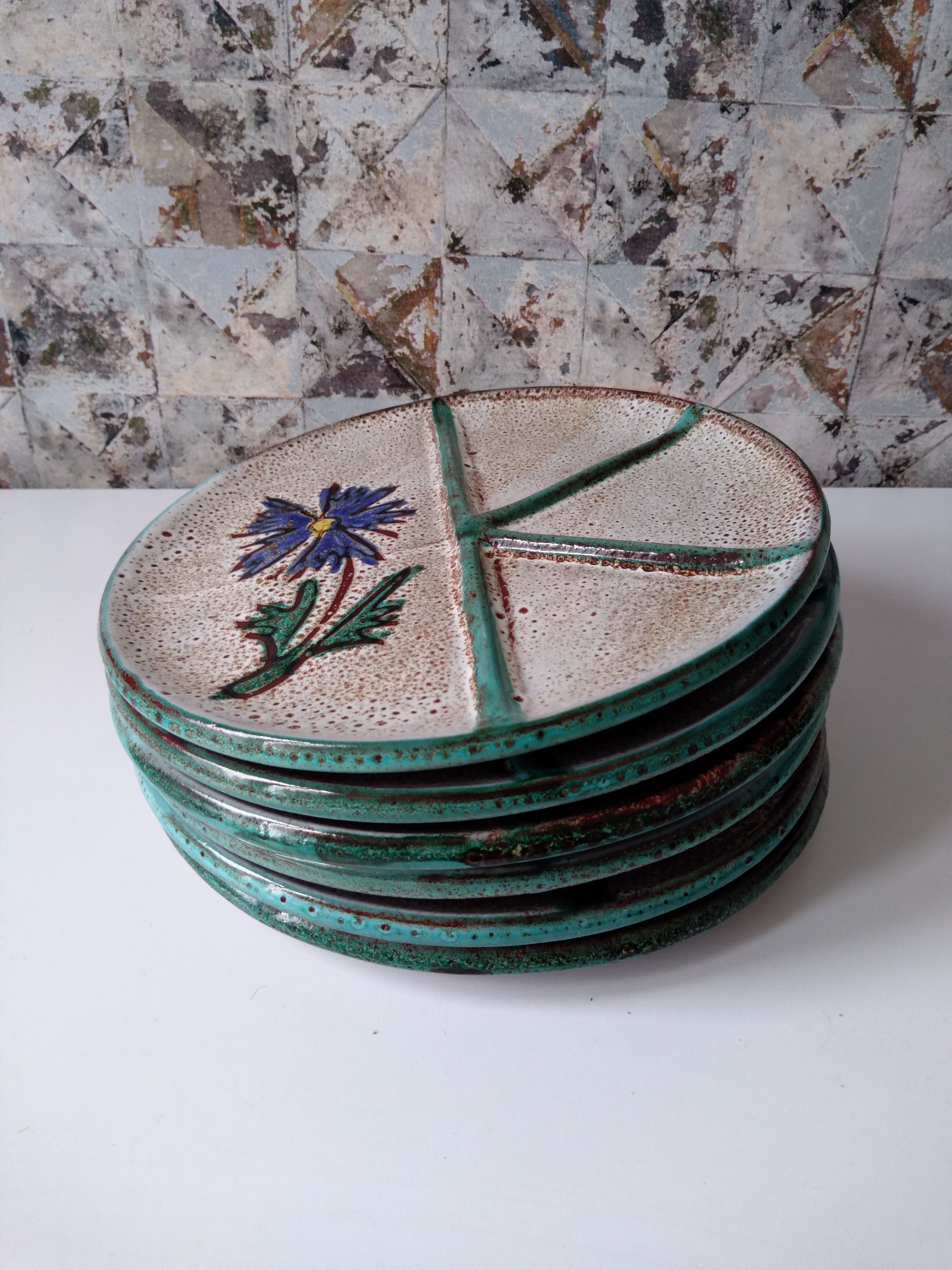 Set of 6 handmade Vallauris ceramic plates beige gray and turquoise blue with flower decoration