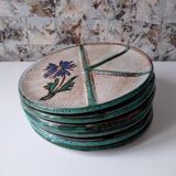 Set of 6 handmade Vallauris ceramic plates beige gray and turquoise blue with flower decoration