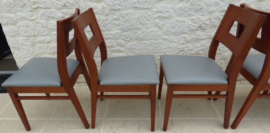 Set of 6 cherry wood style chairs with gray imitation leather seat