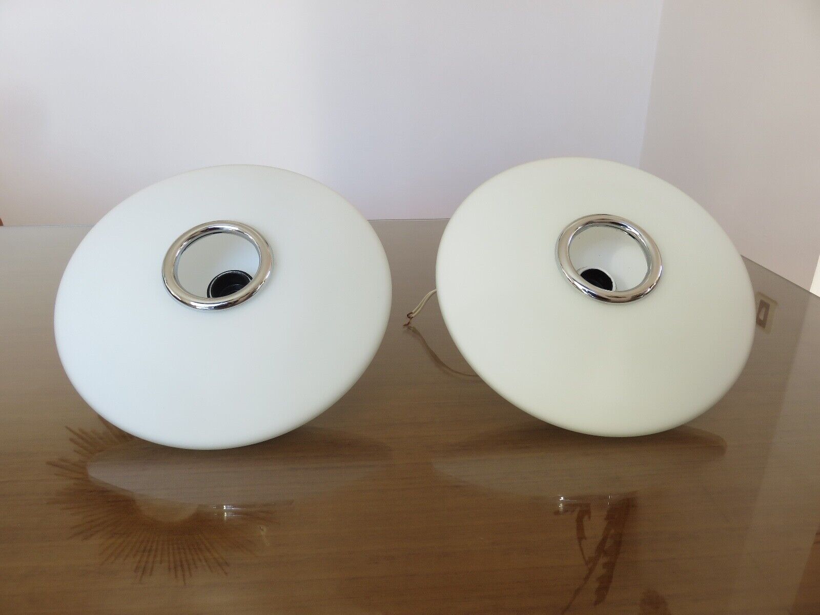 Pair of wall lamps saucer space age in white opaline 1970