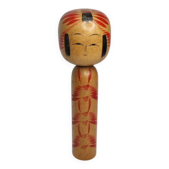 Vintage Signed Japanese Kokeshi Doll, Hand Painted Red Floral Decor, 32cm