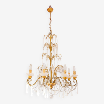 Large golden Italian chandelier with white opaline drops.