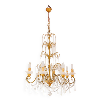 Large golden Italian chandelier with white opaline drops.