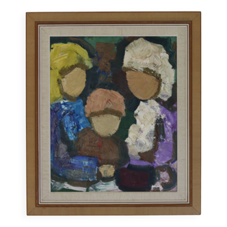 Grande peinture à l'huile moderniste suédoise « Famille » par Gösta Falck vers 1960 - Vintage et encadrée