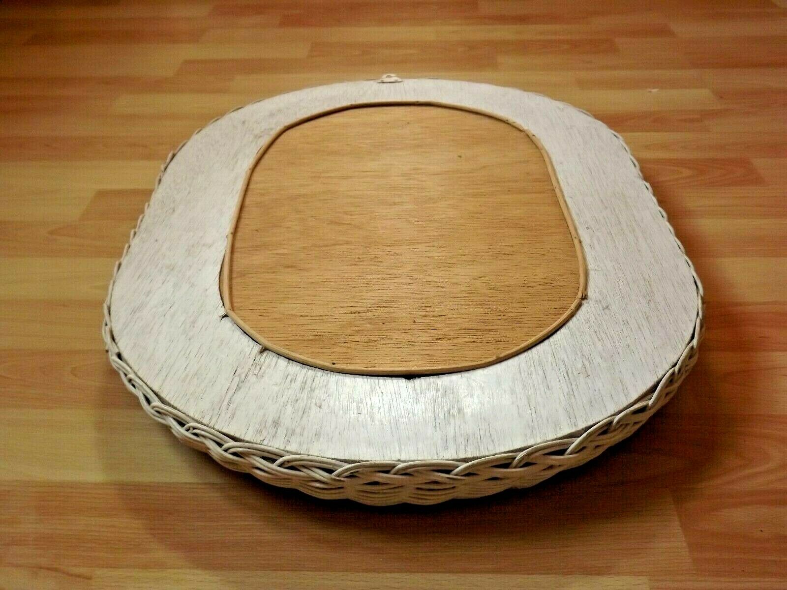 Vintage French White Oval Rattan Mirror Plywood Back Hanging Hook.