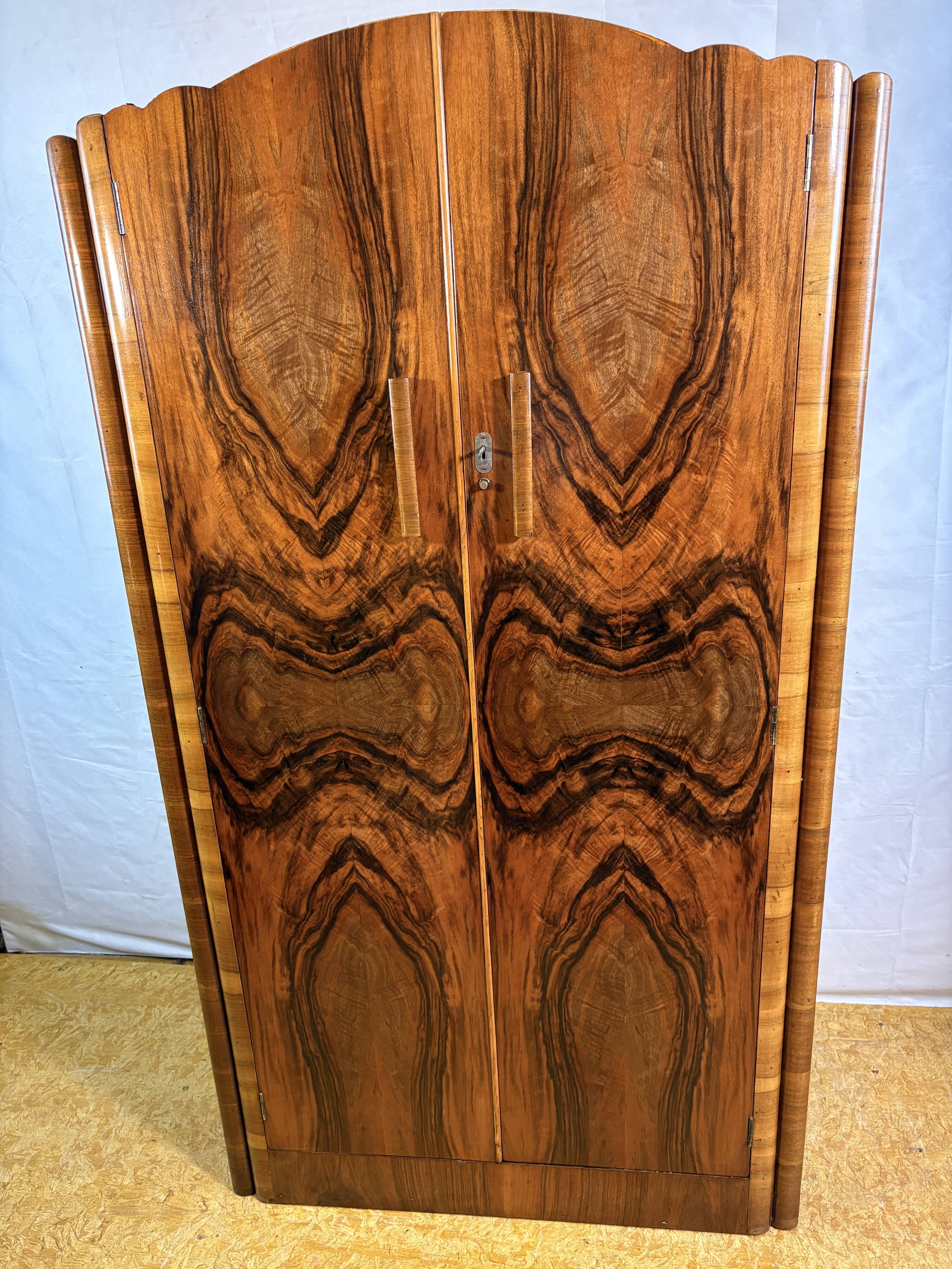 Art Deco Vintage 1930s  Figured Walnut Wardrobe Bookmatched Fitted Interior