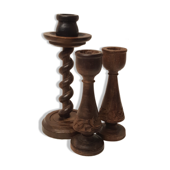 3 wooden candlesticks