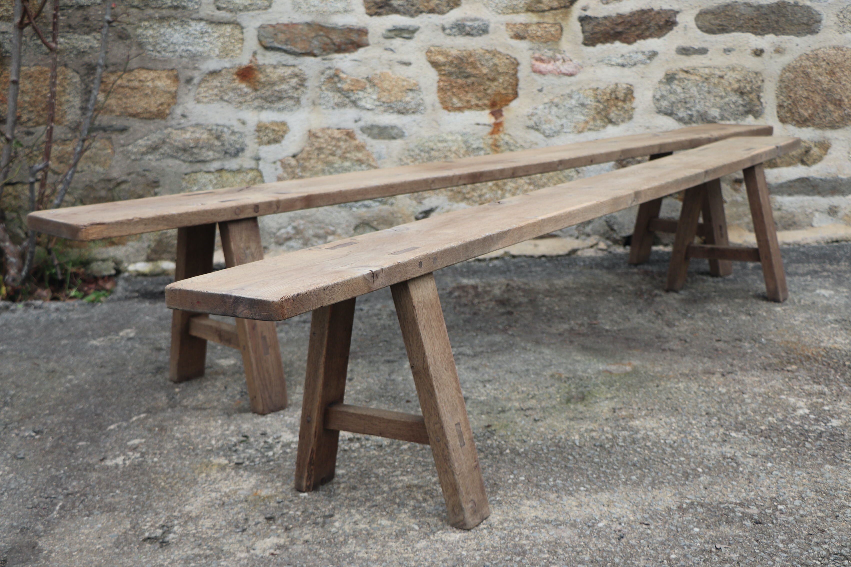 Pair of large solid wood benches XIXth