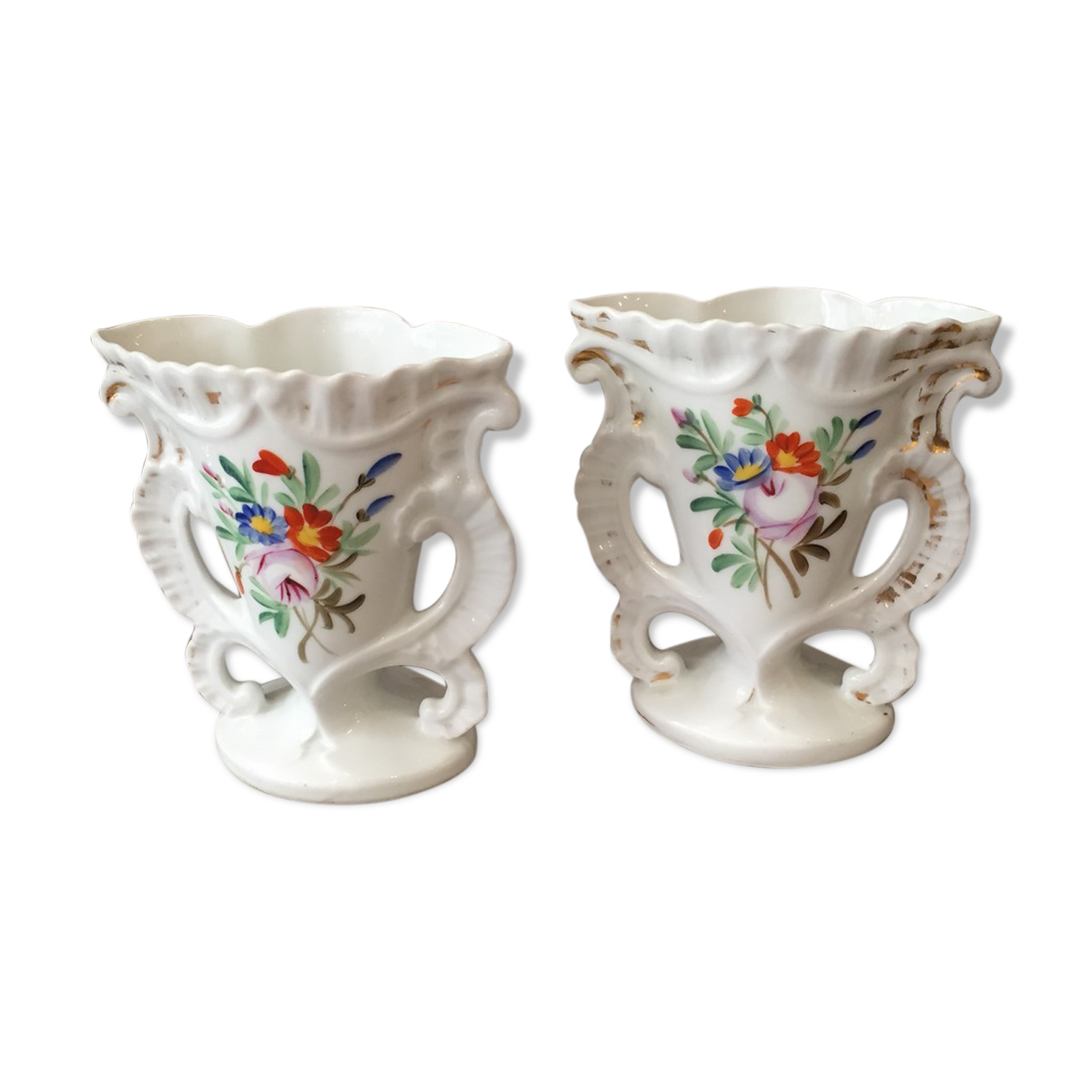 Pair of mariee vases in paris porcelain with floral decoration