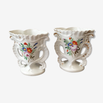 Pair of mariee vases in paris porcelain with floral decoration