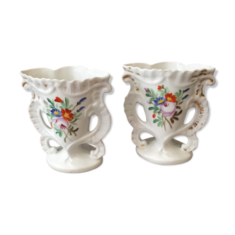 Pair of mariee vases in paris porcelain with floral decoration