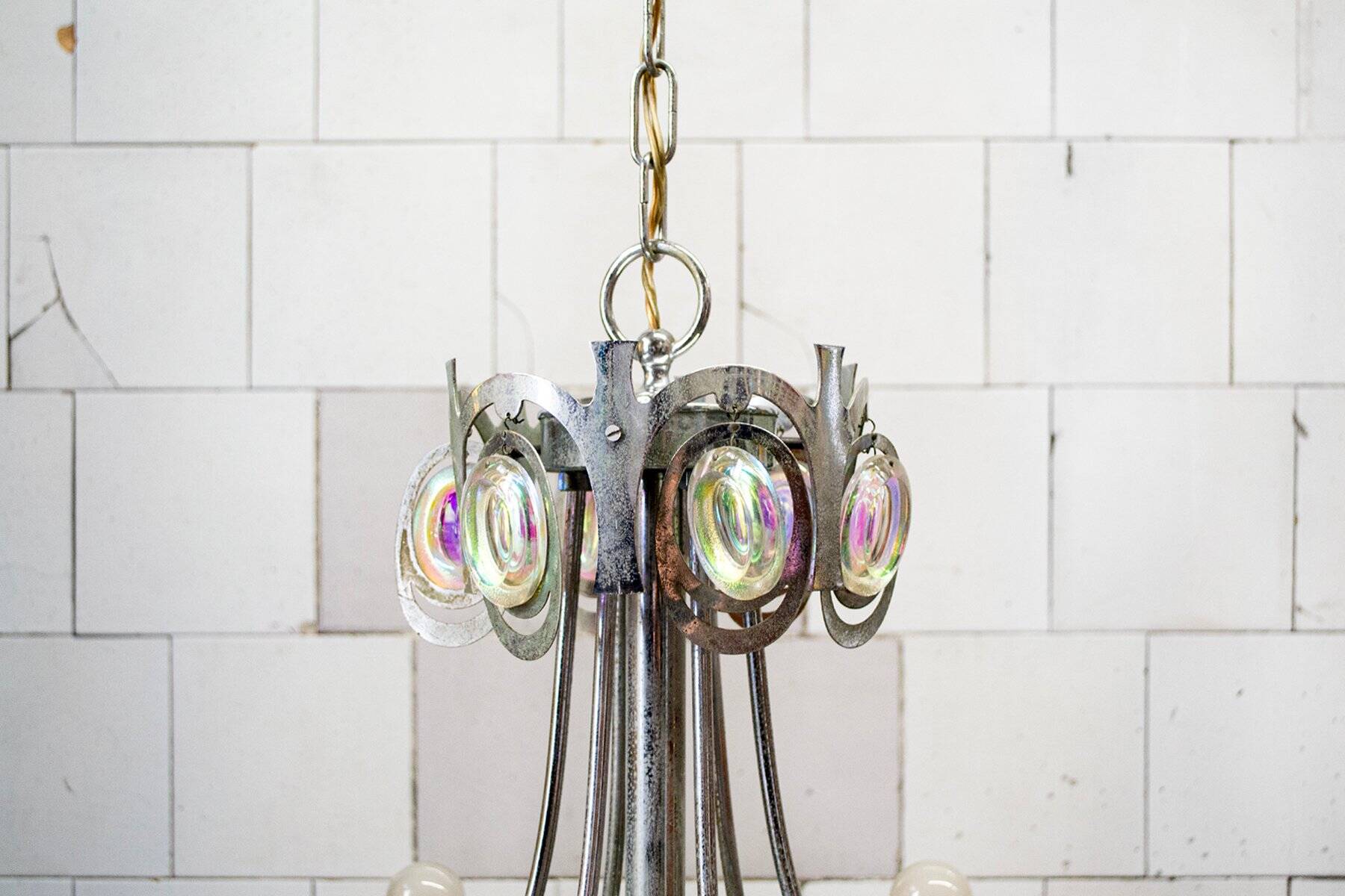 Nine-light chandelier in chrome-plated steel by Gaetano Sciolari, 1960s.