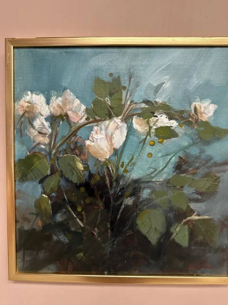 Original Swedish Oil on Canvas – “White Flowers” by M. Jakobsson – Signed – Vintage & Framed – 46 × 44 cm (18.1" × 17.3")