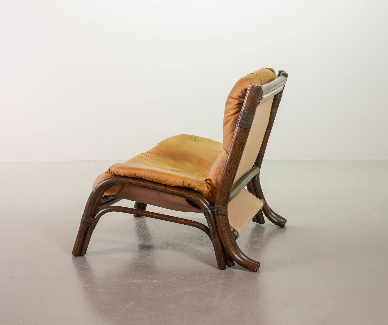 Brutalist Bentwood Bamboo Lounge Chair with Caramel Leather Upholstery, 60s