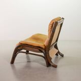 Brutalist Bentwood Bamboo Lounge Chair with Caramel Leather Upholstery, 60s