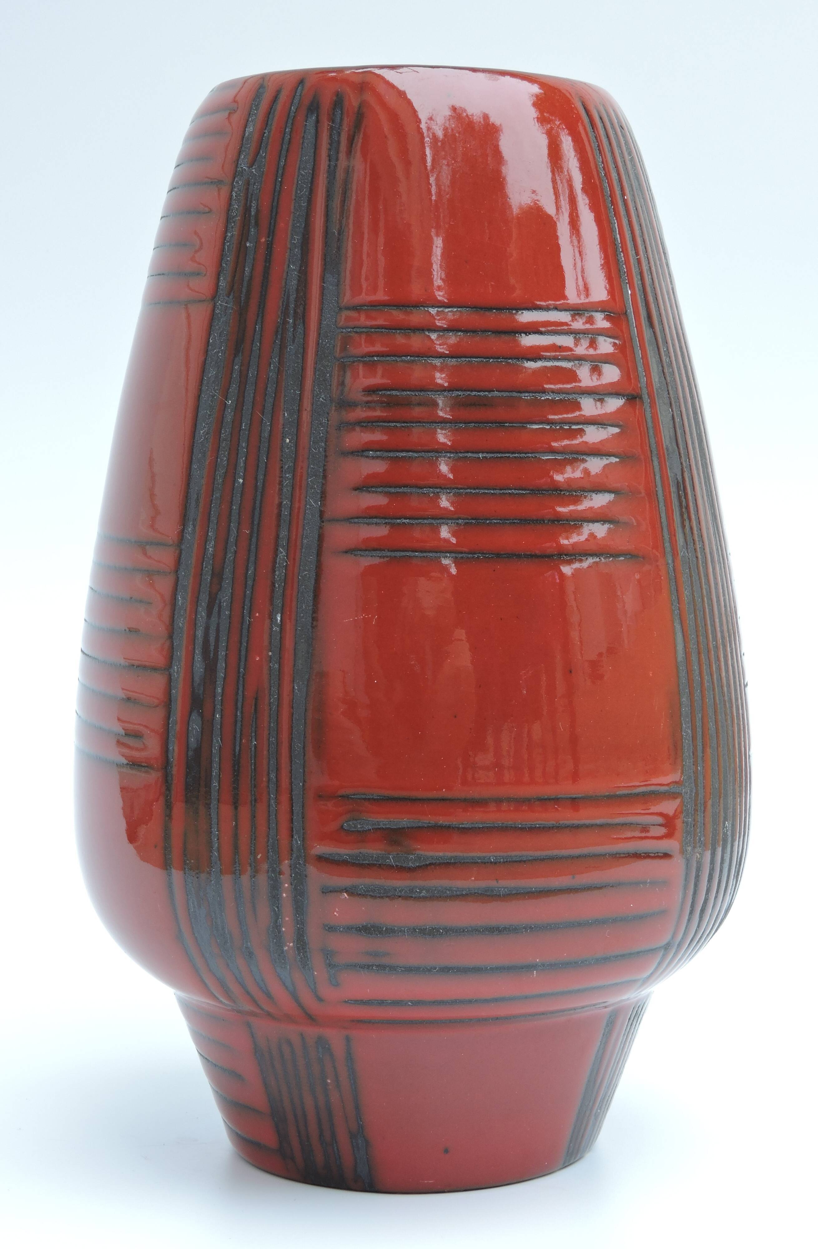 Vintage red ceramic vase scarified decoration elchinger 50' signed