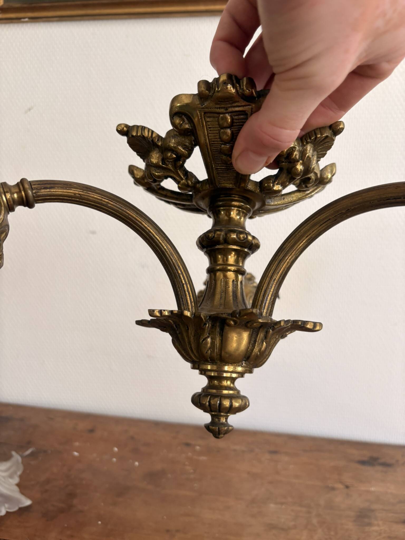 Antique Bronze Ceiling Chandelier with Fringed Glass Tulips, 3 Arms, Art Nouveau