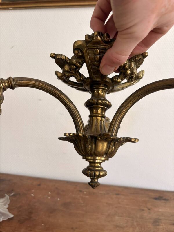 Ancien Lustre Plafonnier Bronze Tulipe Verrerie Frangés 3 Bras Art Nouveau