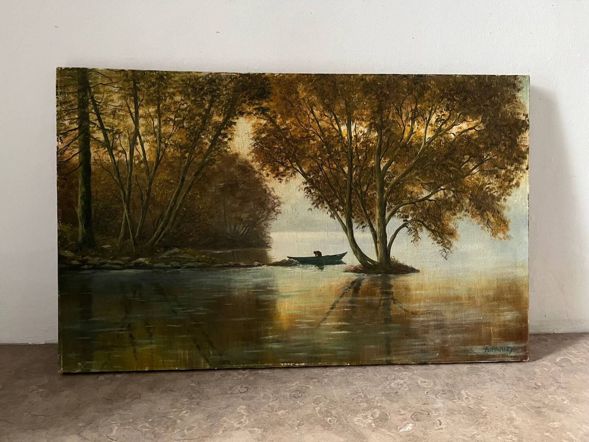 Fishing day, oil on canvas signed A. Parizy