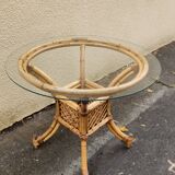 belle table de repas en bambou rotin des années 1970 avec plateau en verre