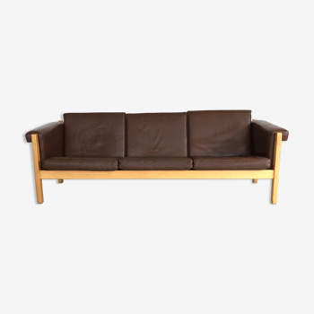 Danish three-seat sofa in oak and brown leather