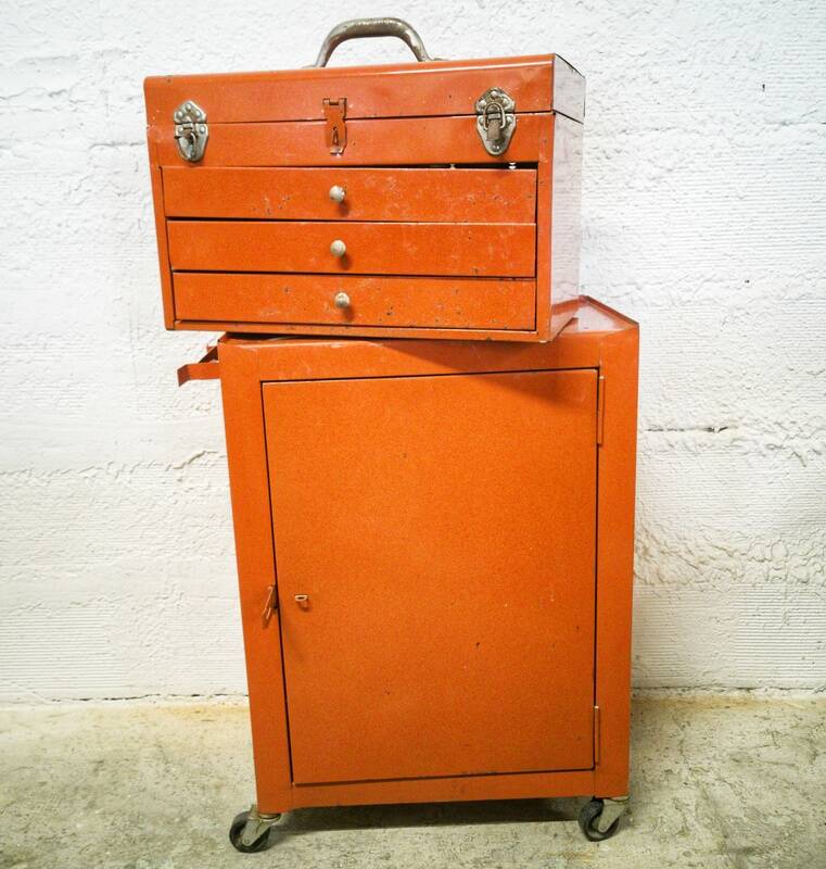 Vintage workshop trolley and toolbox