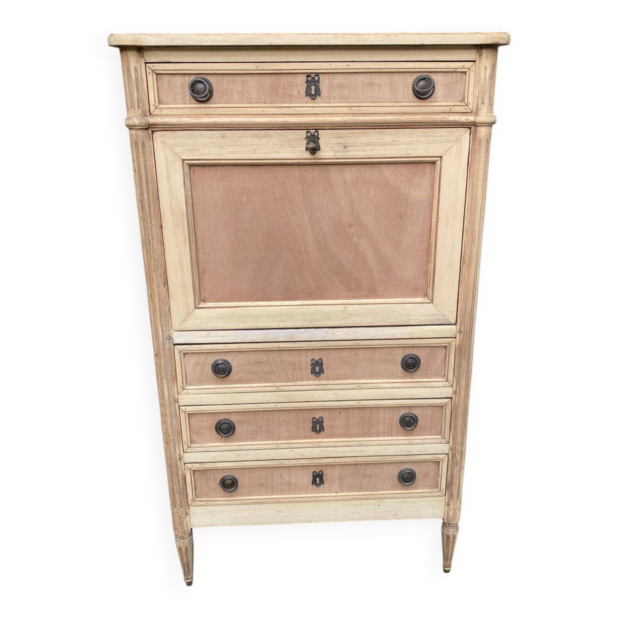 Secretary Louis XVI in stripped solid pine with a drop-down front and red leather, 1950.