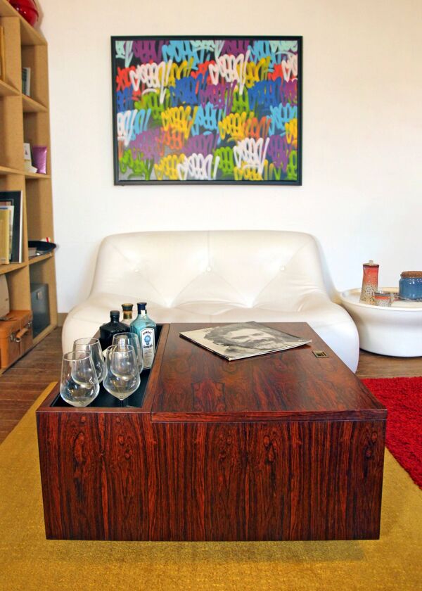 Table basse bar/jardinière vintage scandinave en palissandre