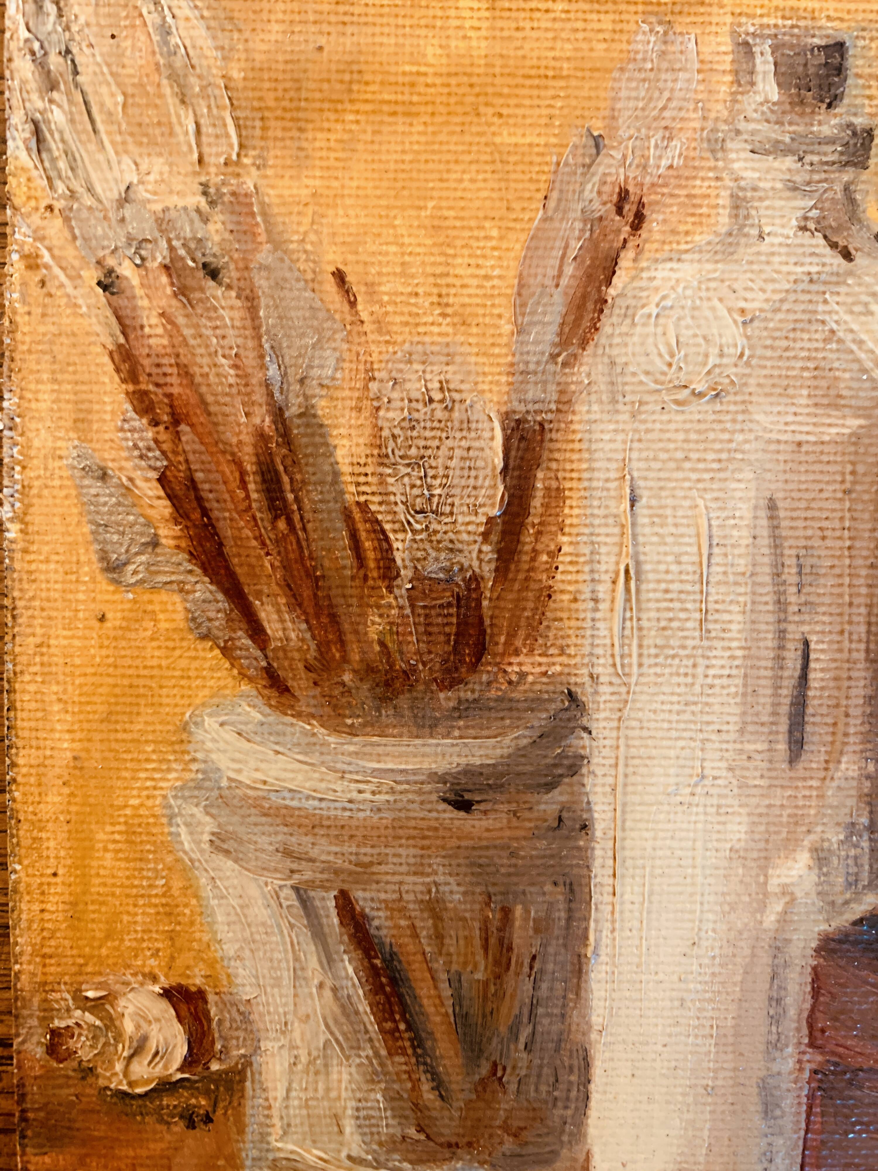 Small signed painting, oil on cardboard canvas, still life "studio"