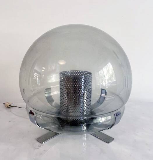 Vintage Lamp • Chrome Steel • Perforated Metal • Glass • 1970