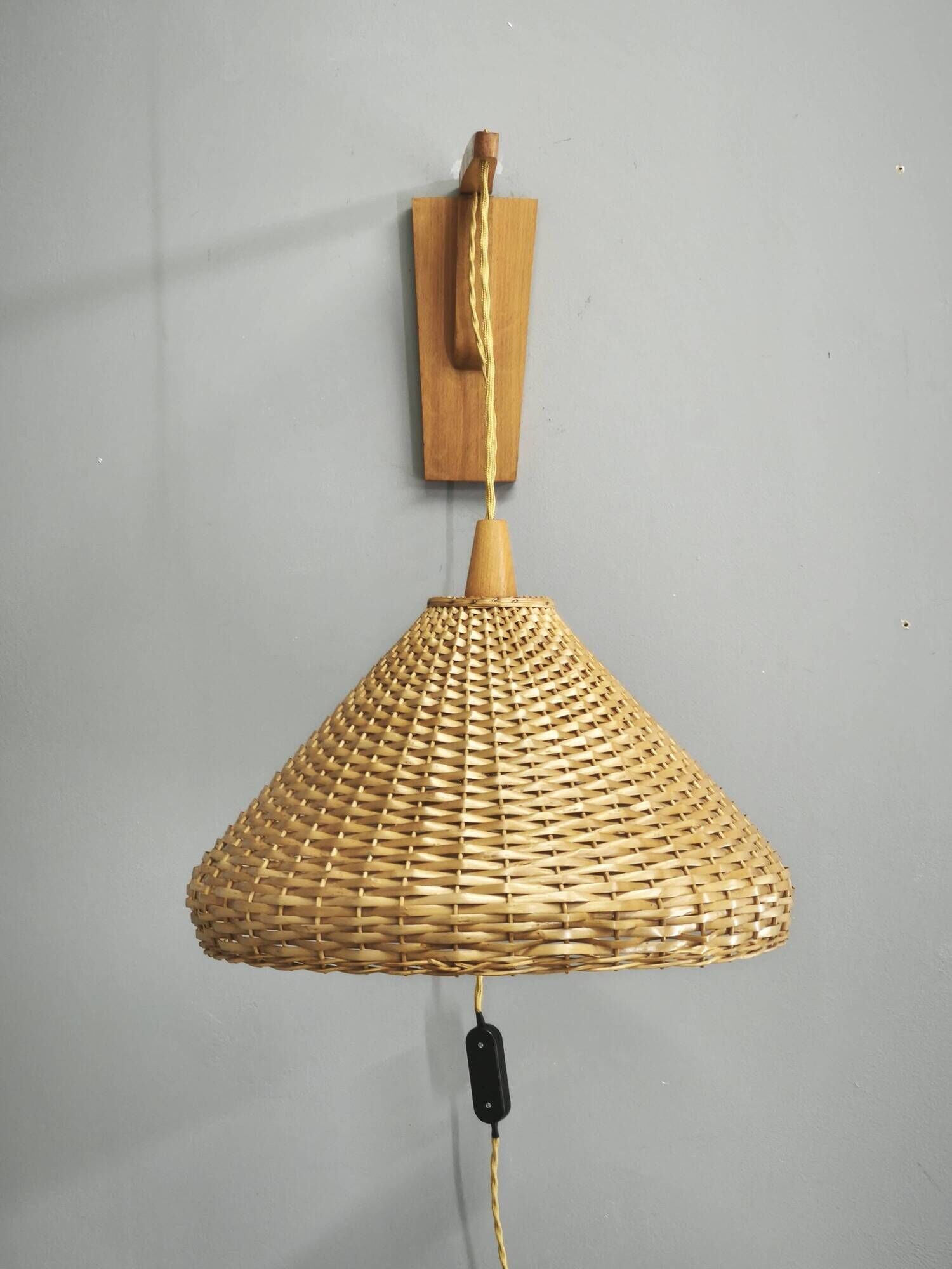 Czechoslovak Rattan and Wood Swing Arm Wall Lamp, 1960s