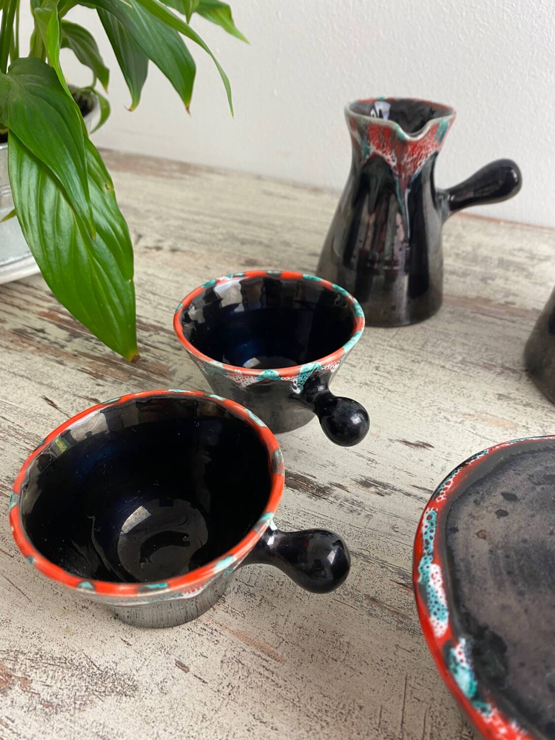 Vallauris ceramic pitcher, sugar bowl and cup set