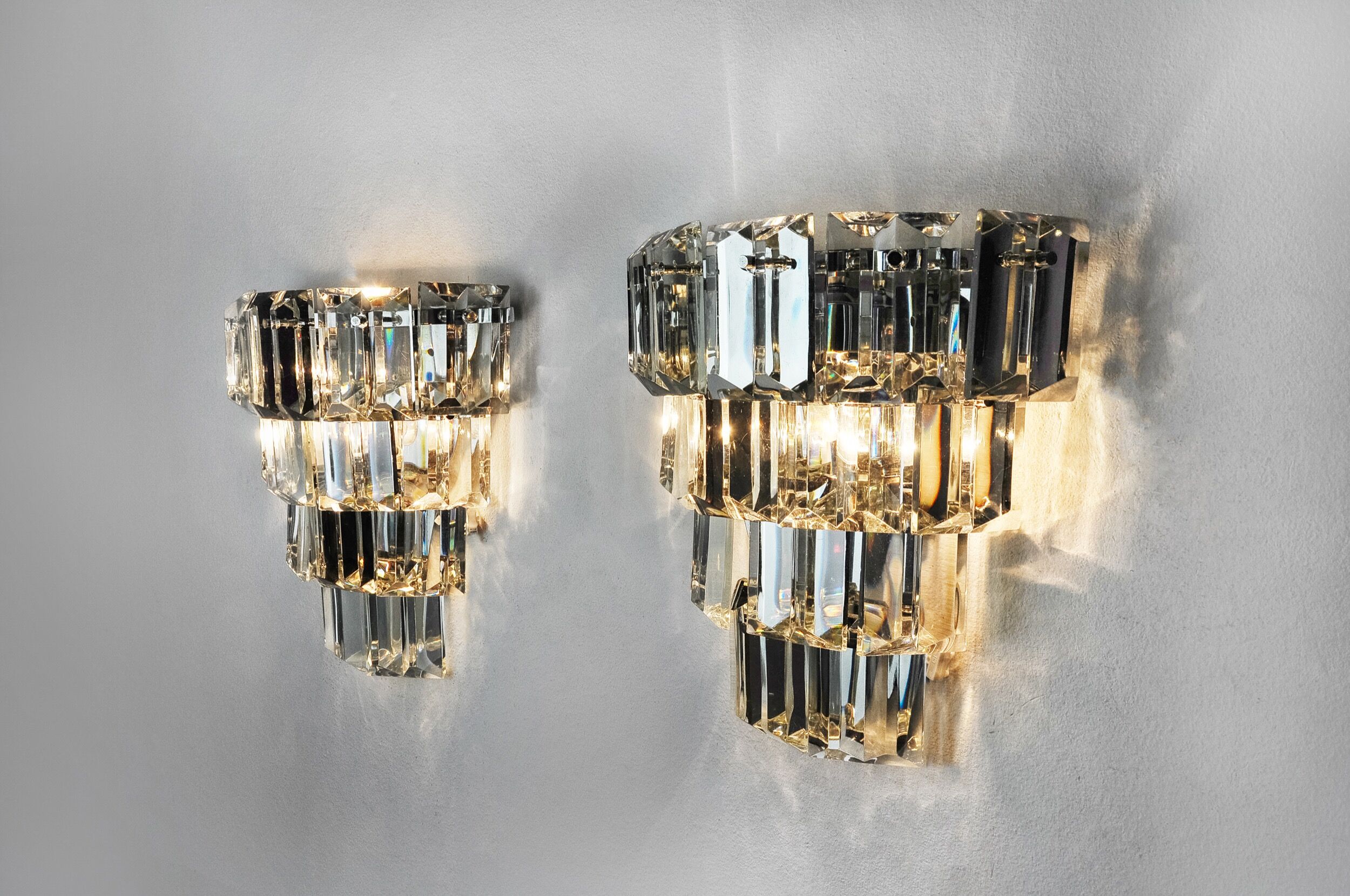 Pair of kinkeldey wall lamps, 4 levels, cut crystals germany, 1970