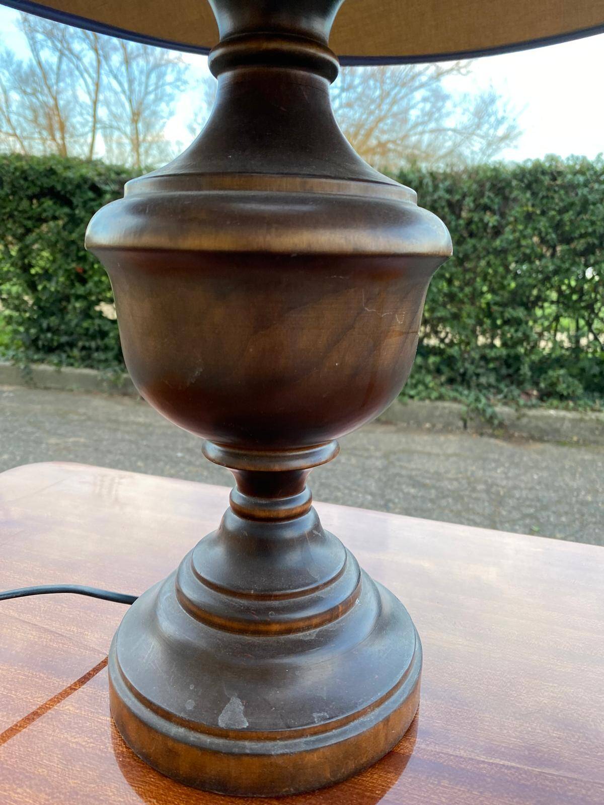 Vintage wooden bedside or table lamp with sky blue lampshade