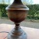 Vintage wooden bedside or table lamp with sky blue lampshade