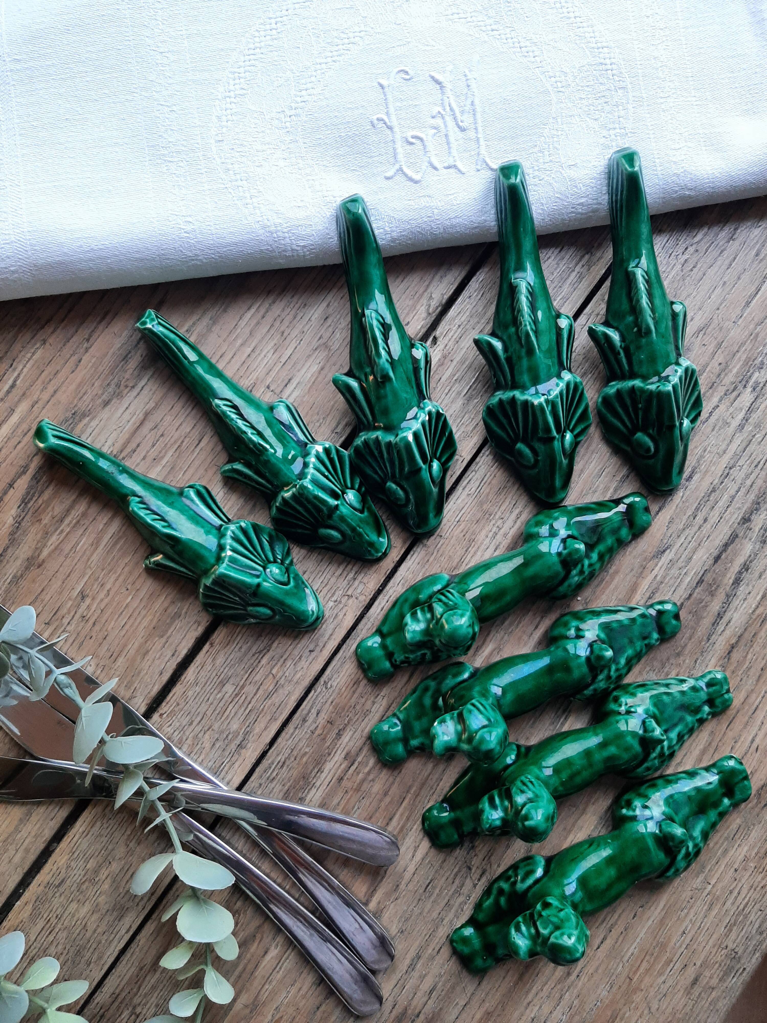Vintage faience knife holder fish and dogs