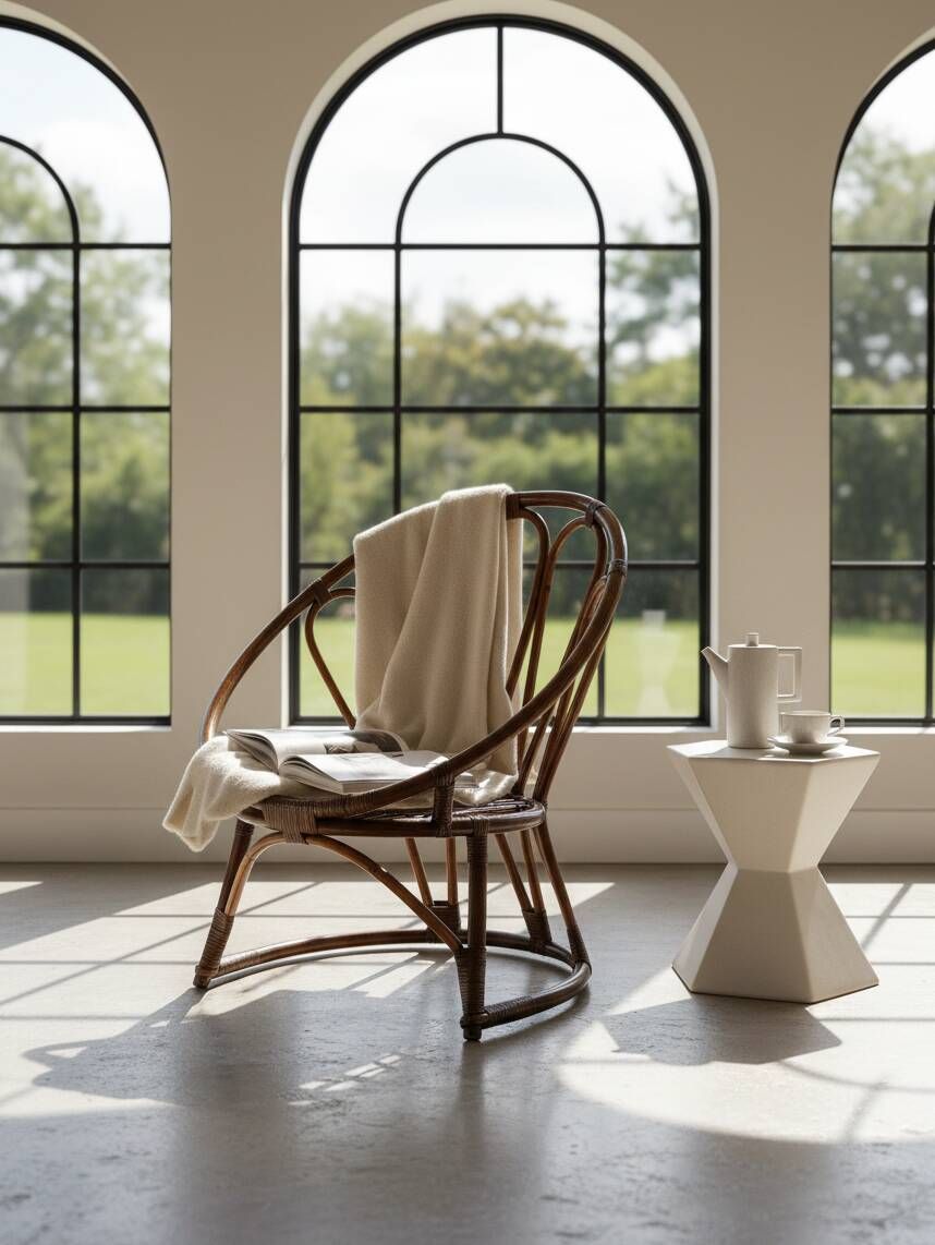 Fauteuil corbeille vintage en rotin à dossier soleil – Style Riviera, année