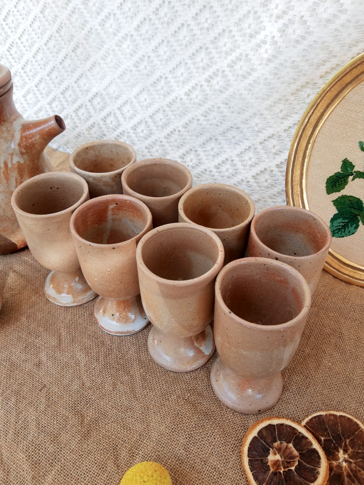 Vintage stoneware 8 mazagrans teapot and milk jug set