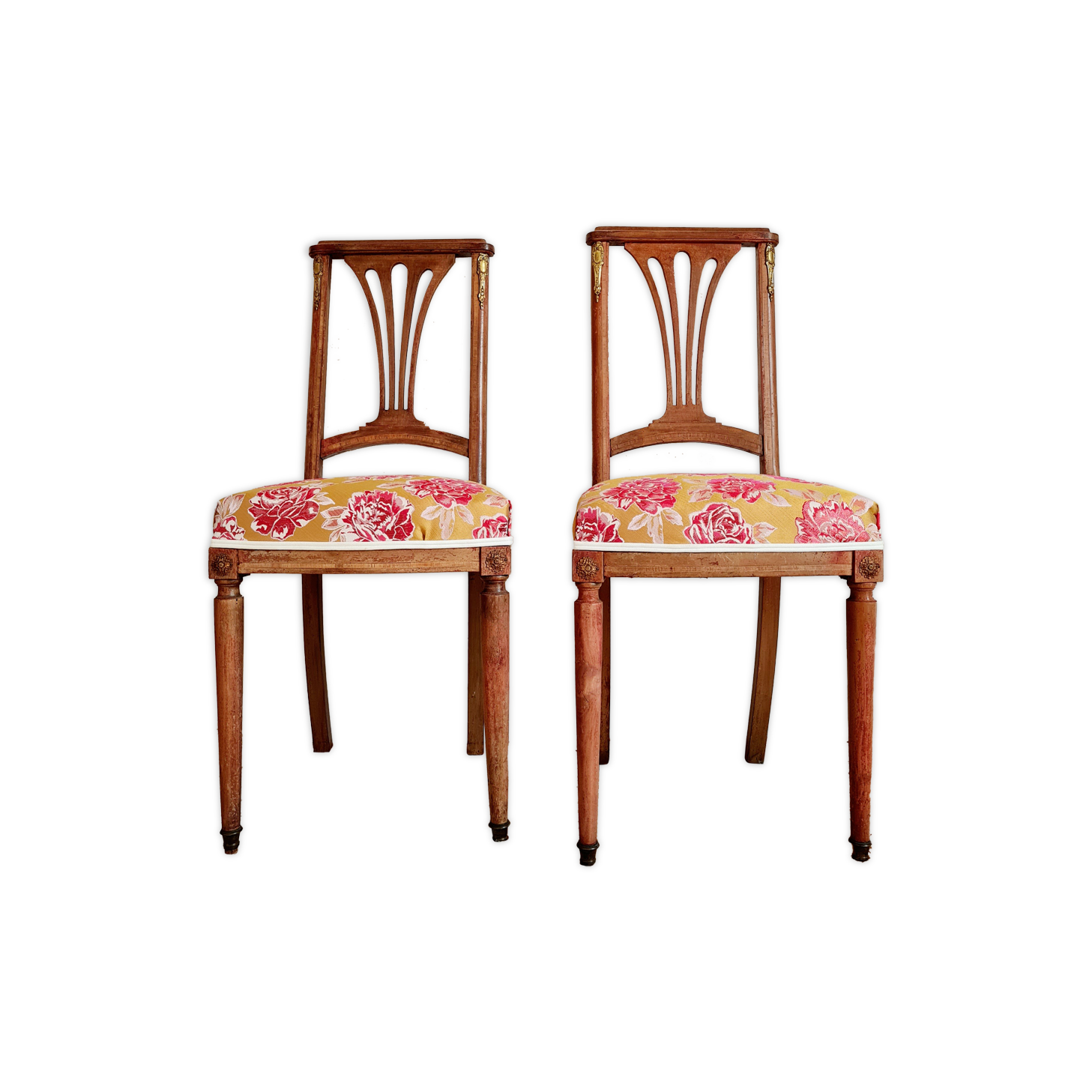 Duo of antique wooden chairs seated redone
