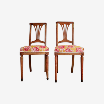 Duo of antique wooden chairs seated redone