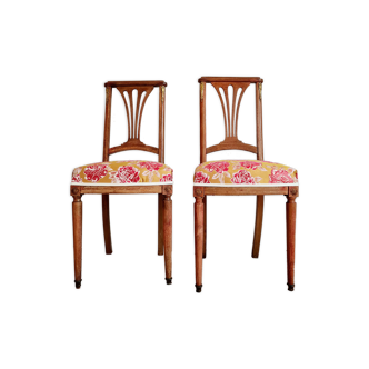 Duo of antique wooden chairs seated redone