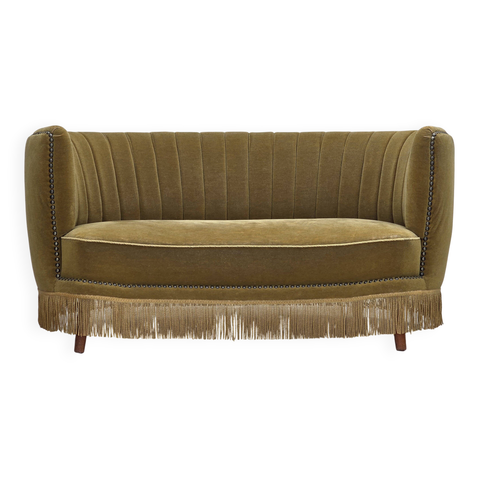 1970s, Danish 2-seater "Banana" sofa, green furniture velour.